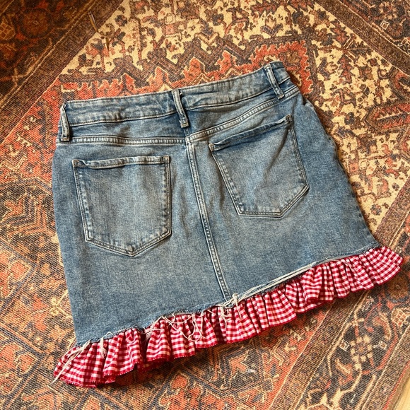 Reworked denim skirt with red gingham ruffle, denim mini skirt 🧺 - Picture 5 of 5